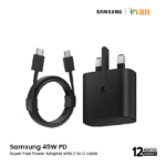 Samsung 45W PD super fast power adapter with Type-C to Type-C cable, offering Super Fast Charging 2.0 for compatible Samsung devices.