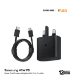 Samsung 45W PD super fast power adapter with Type-C to Type-C cable, offering Super Fast Charging 2.0 for compatible Samsung devices.