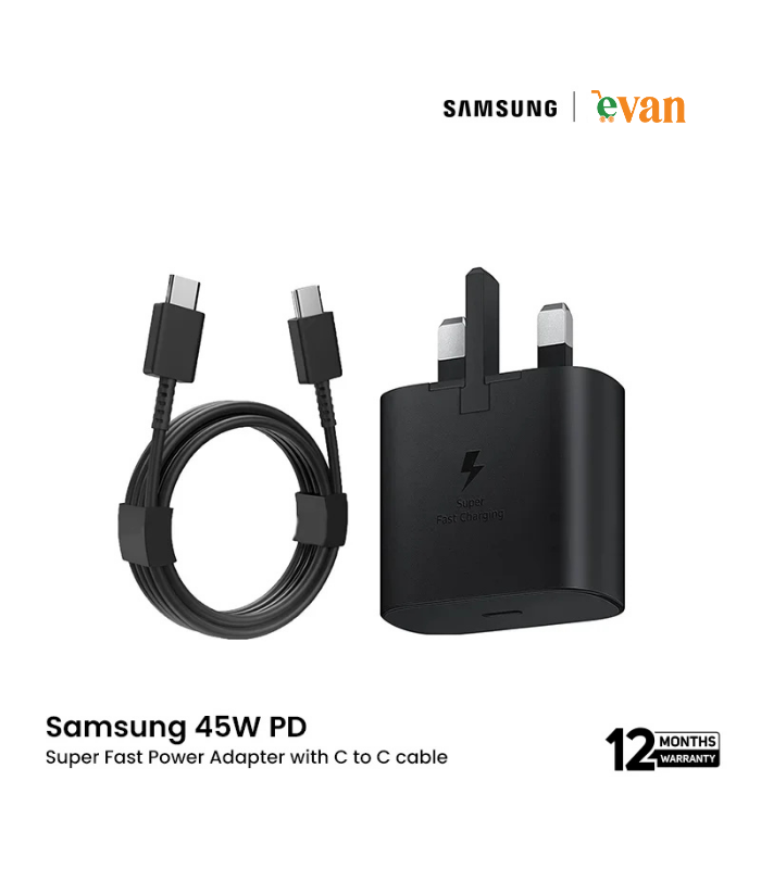 Samsung 45W PD super fast power adapter with Type-C to Type-C cable, offering Super Fast Charging 2.0 for compatible Samsung devices.